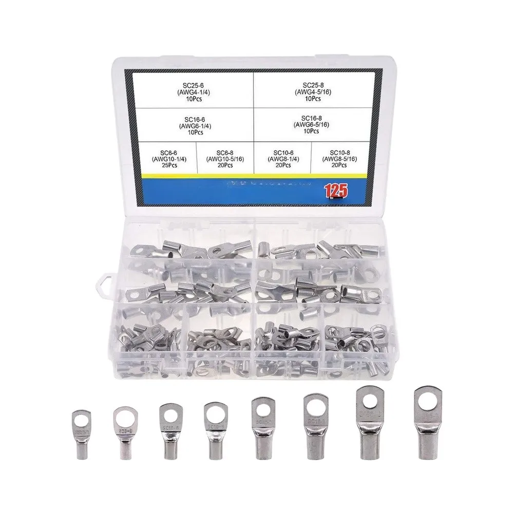 125pcs Tin Plated Copper Terminal Lugs SC6 to SC10 AWG4 AWG6 AWG8 AWG10 for Commercial and Vehicle For Electrical Systems