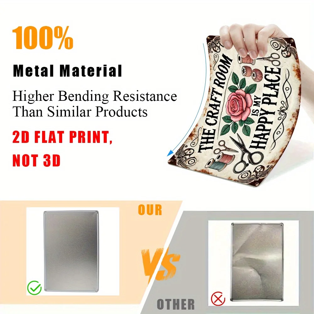 شعار معدني مسطح ريترو ستوديو ثنائي الأبعاد، 12 * 8 بوصة تأثيرات بصرية ملونة لوحة زخرفية مع مقص، مخطوطات، توضيح زهور