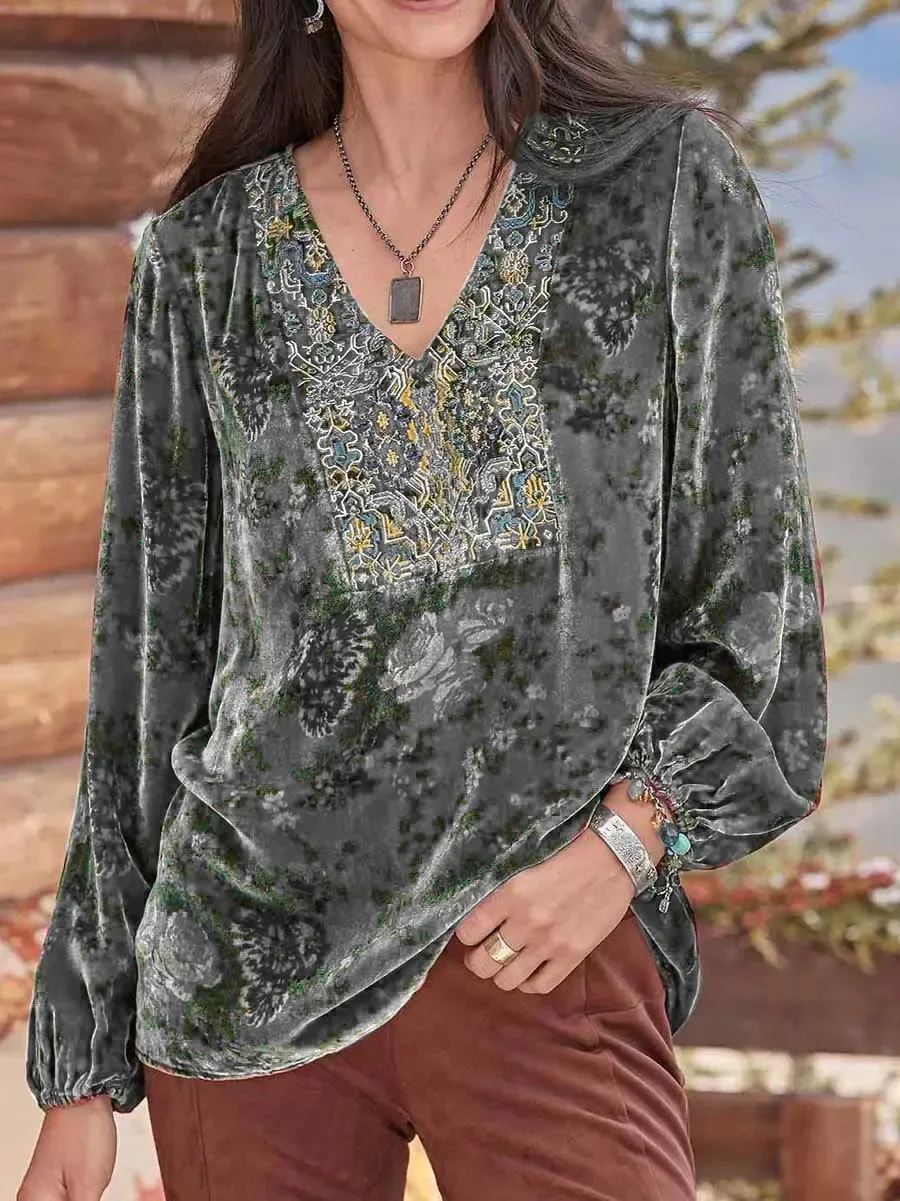 Women Blouse Vintage Print V Neck Long Sleeve Elastic Cuff Streetwear Spring Autumn Loose Velvet T-shirt Pullover Women Clothes