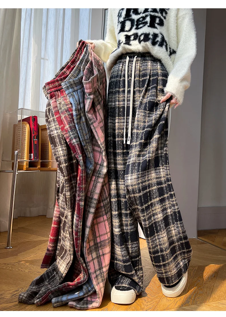 Women's Plaid Wide Leg Pants, Vintage Checked Drawstring Woolen Trousers, Casual Loose Streetwear Pants for Spring Autumn