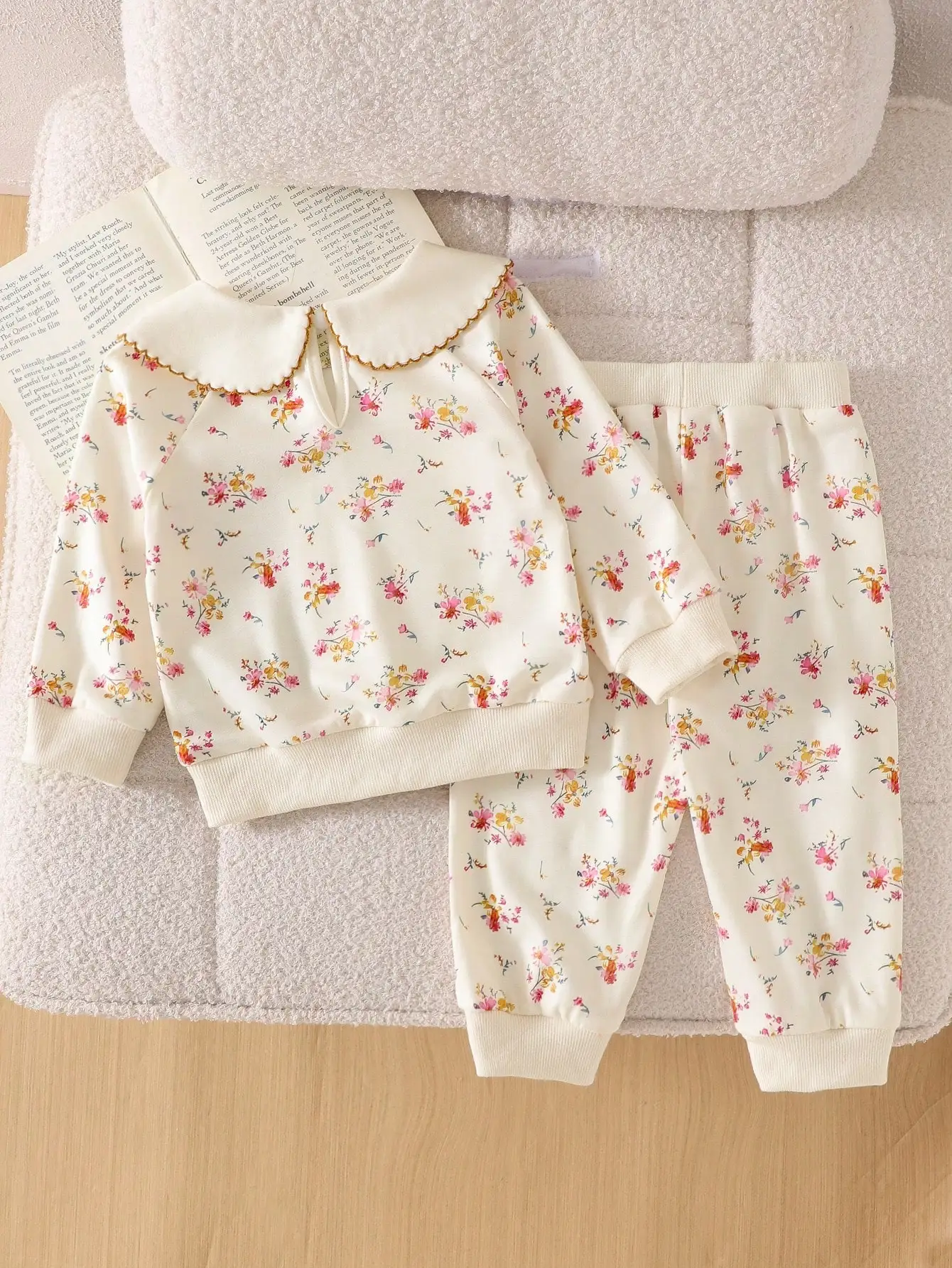 Sweet Infant Girl Flower Print Set Lace Trim Big Collar Casual Suit