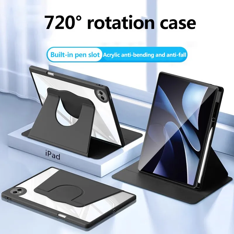 720° Rotation Transprent Acrylic Case For Xiaomi Redmi Pad SE 8.7 inch 2024 Leather Cover With Pen Slot