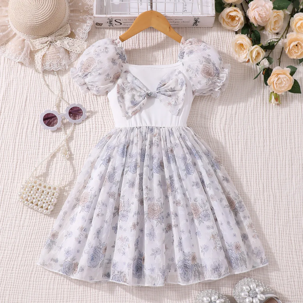 2025 vestido de princesa Floral blanco para niñas, vestido de verano de manga corta con bonito lazo elegante para fiesta de cumpleaños, vestido para niñas pequeñas de 3 4 5 6 7 años