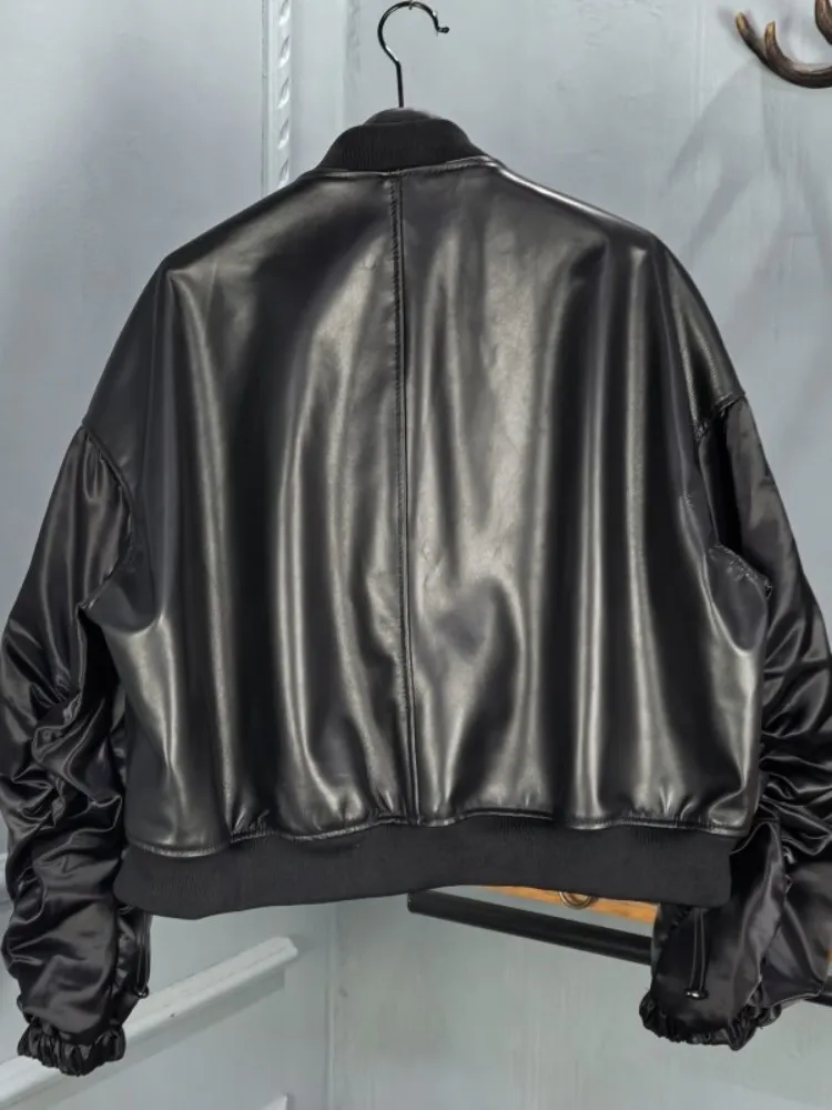 Office Ladies Genuine Leather Mixed Color Zipper Short Jacket Loose Sheepskin Long Sleeves Pocket Elastic Waist Top Quality Coat