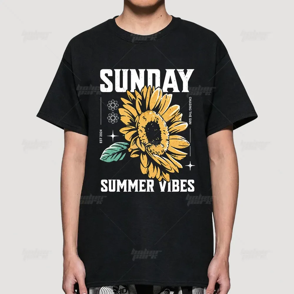 Sunday Summer Vibes Funny English letters Sunflower Graphic personality Harajuku Casual men's tshirts