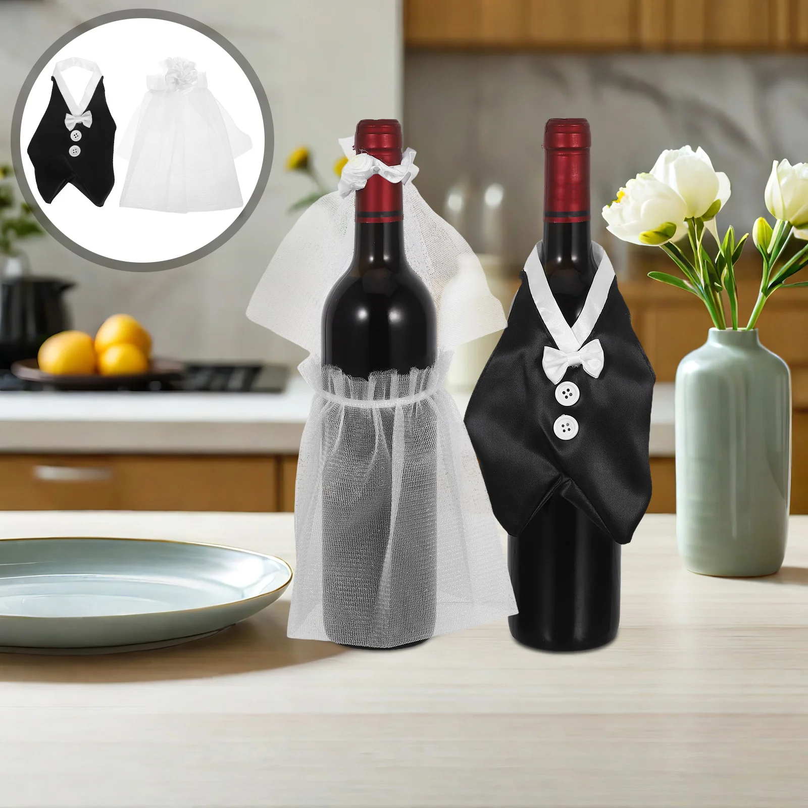 

4Pcs Wedding Wine Bottle Covers Decorative Reusable Wedding Dress Style Romantic Table Decor Wine Bottle Sleeves