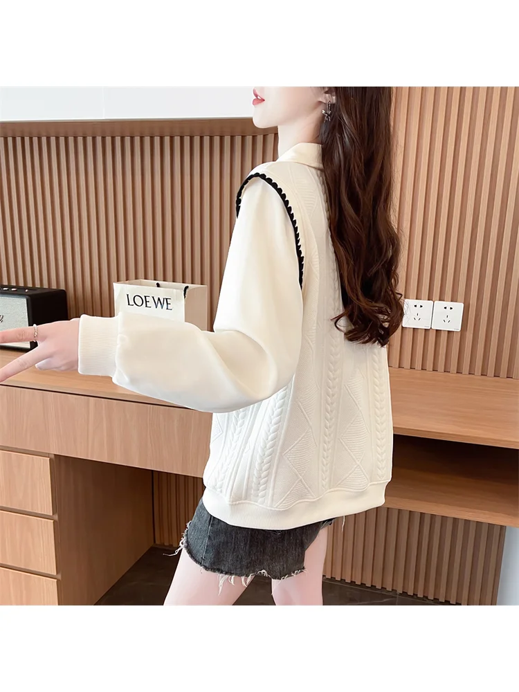 American Retro Campus Simplicity Top Elegant Spring Autumn Polo Collar Embroidery Letters Embossing Fashion Softness Pullovers