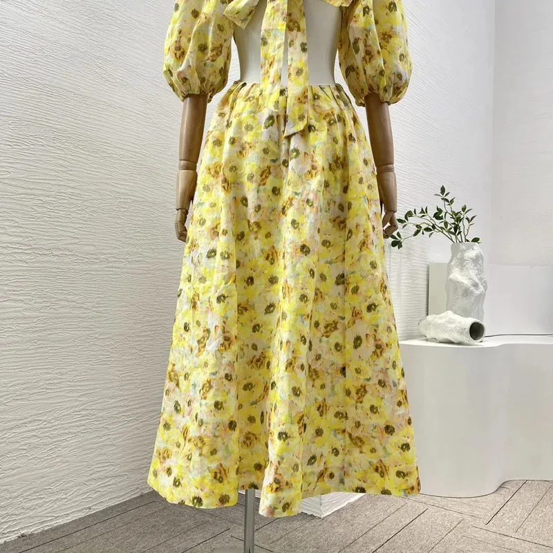 Alta qualidade verão praia estilo verão feminino midi vestido amarelo floral impressão cortar rendas puff manga linho