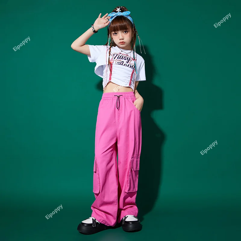 Girls Hip Hop faux two piece T-shirt Crop Top Cargo Pants Clothes Sets Kids Street Dance Joggers Child Sweet Streetwear Costumes