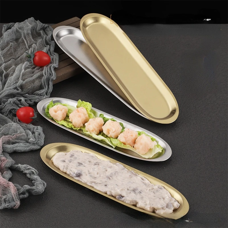 

Hot pot restaurant tableware commercial golden stainless steel shrimp slip plate beef ball plate long sushi plate barbecue plate