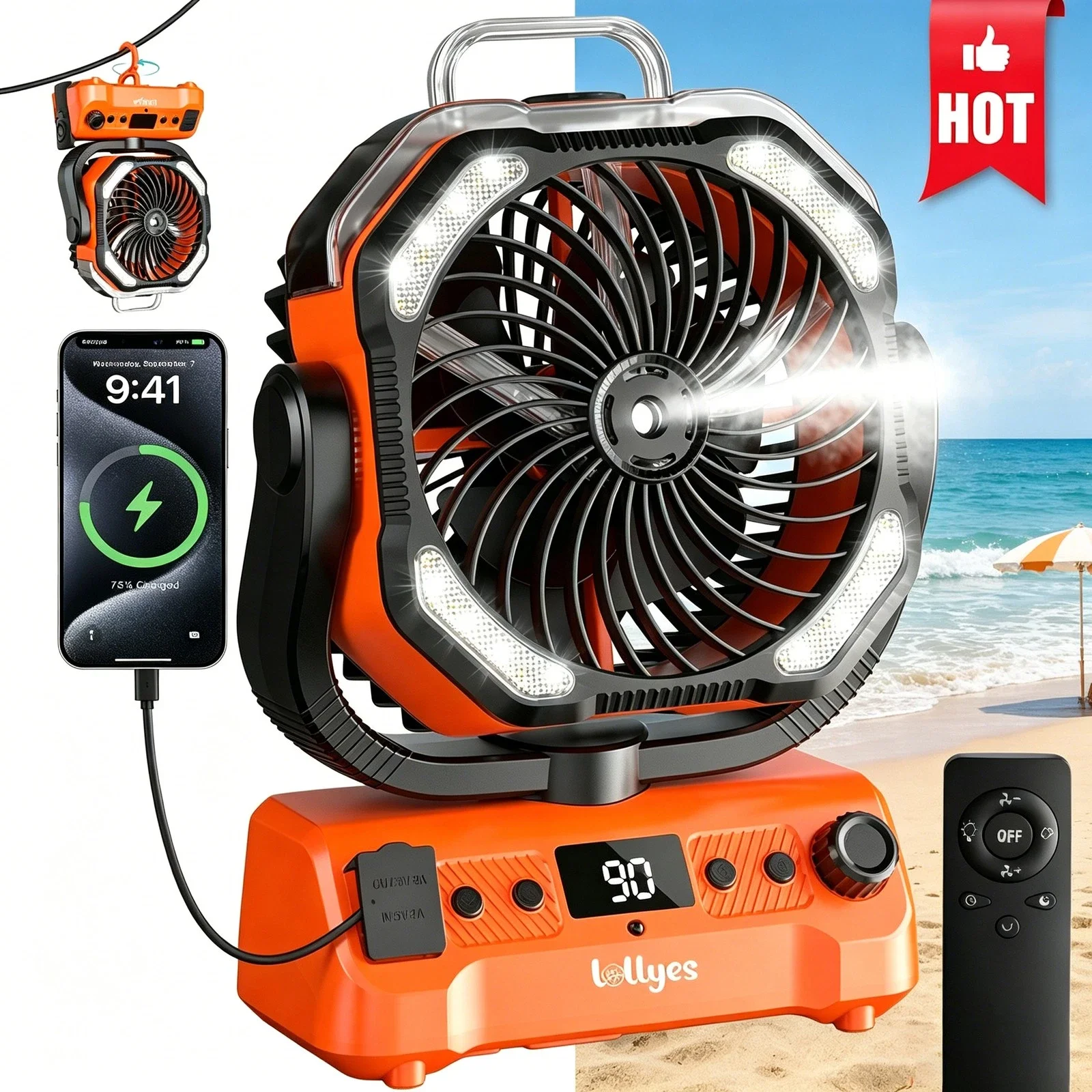 20000mAh Camping Fan with LED Light, Rechargeable Battery Operated Tent Fan ,j