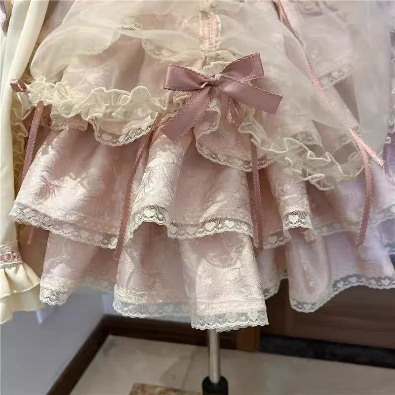 Japan JSK Pink Sweet Lolita Princess Dress Organza Bow Ruffles Lace Fluffy Bubble Skirt Cross dresser Sissy Maid Role Play cos