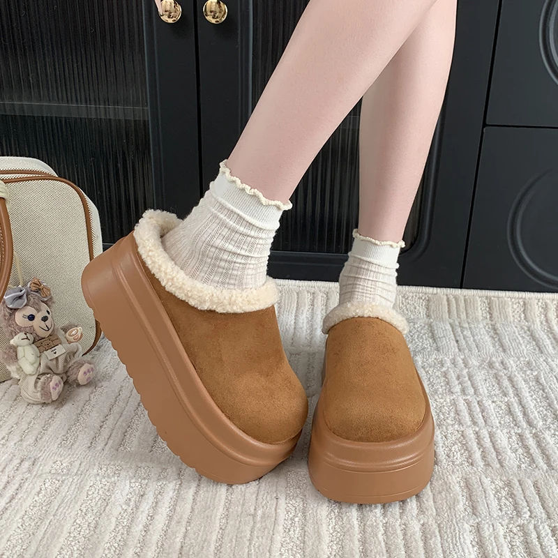 

7cm Women's Thick Bottom Fur Slippers Indoor Outdoor Wear Autumn Winter New Style Fleece Lined Warm Cotton Slippers Velvet Head