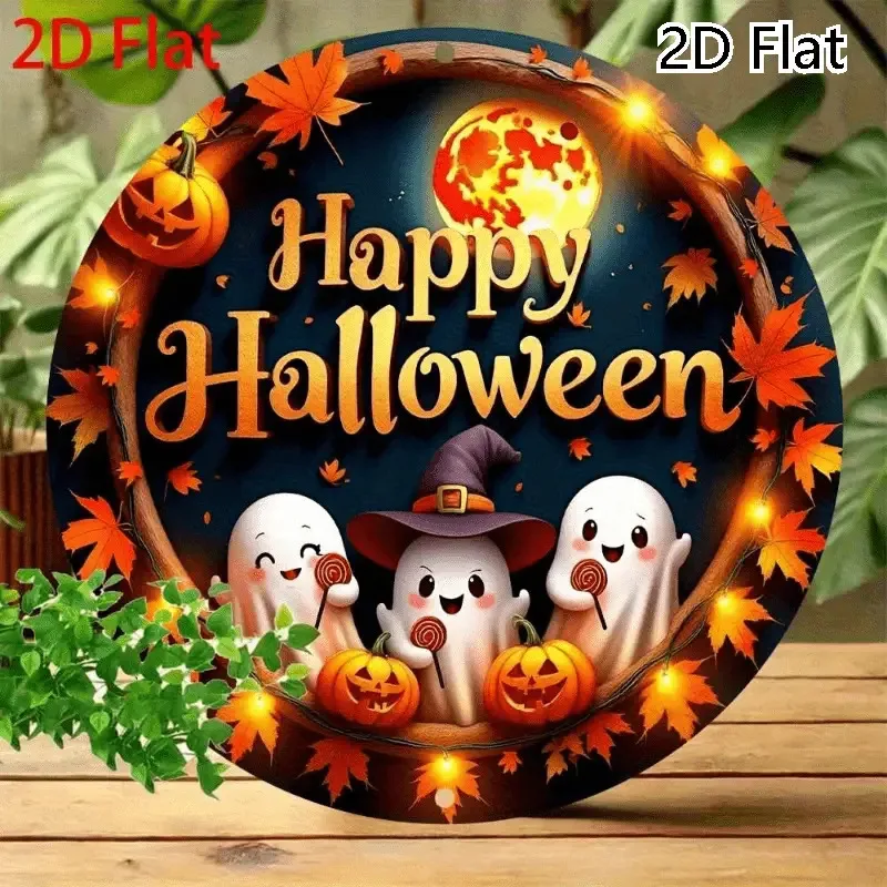 2D Flat Printing 1pc Retro Halloween Wooden Sign - Round Wall Art with Ghosts, Pumpkins, And Autumn Leaves, Pre-Drilled for Easy