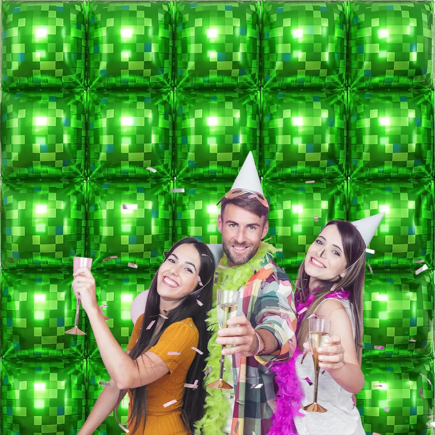 Grüne Pixel-Quadrat-Ballonwand, Quadratische Aluminiumfolie-Ballonwand Hintergrund Ballon-Spiel-Thema Geburtstagsparty-Dekoration – Detail 4