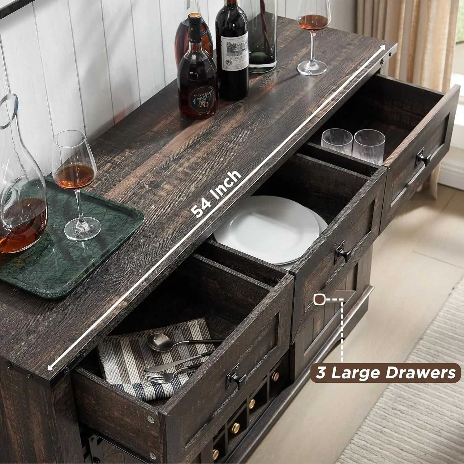 Armoire de cuisine et de café-bar avec vin et verre T1, étagères de rangement, 3 portes de proximité, grand buffet rustique pour salle à manger, 54 po