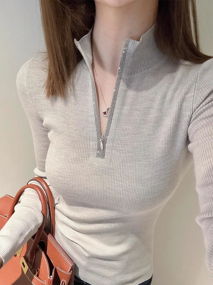 

Knitted Sweater Women French Style Oat Color Long Sleeve Nail Bead Zipper Slim Fit Casual Top Autumn Fashion Versatile