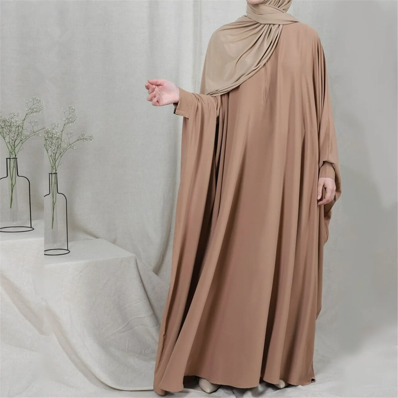 Arábia saudita médio oriente muçulmano moda preto manga morcego solto moda grande vestido roupas islâmicas feminino jilbab femme musulman