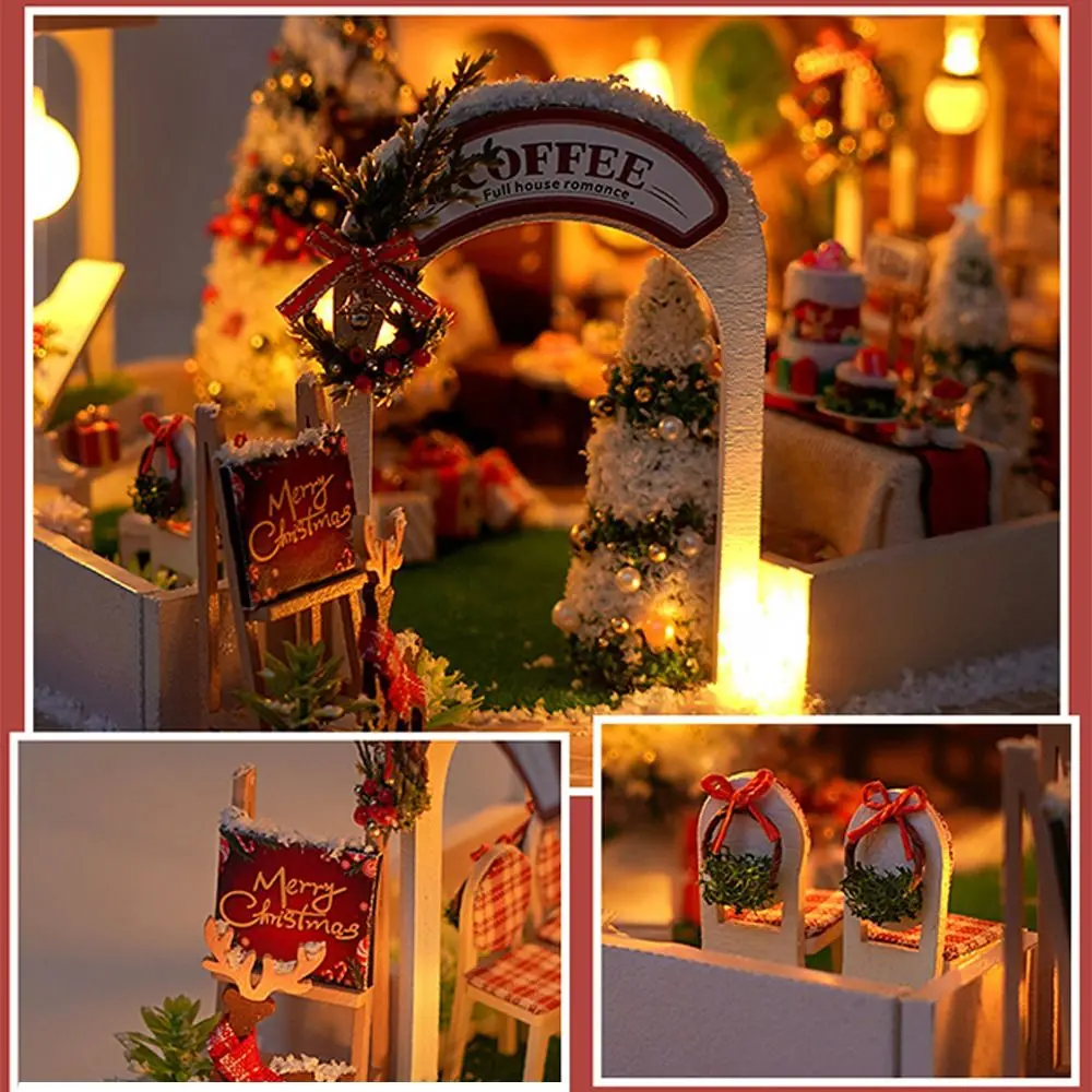 Miniatur 3D kreatif DIY pondok DIY miniatur kabin natal rumah boneka rumah boneka dengan lampu LED Model rak buku