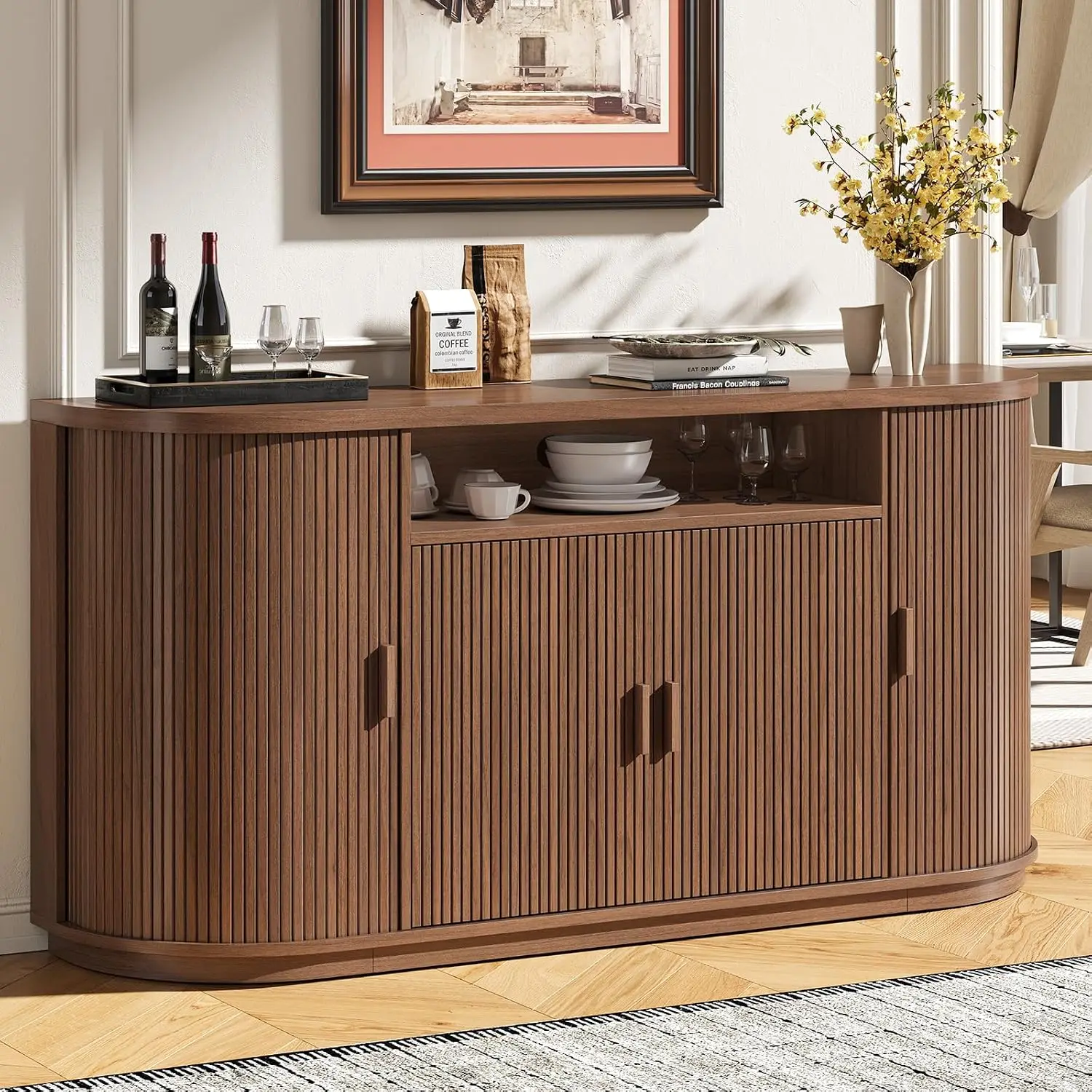 63" Sideboard Buffet Cabinet with Storage, Modern Fluted Accent Credenza with Sliding Doors, Drawers and Adjustable