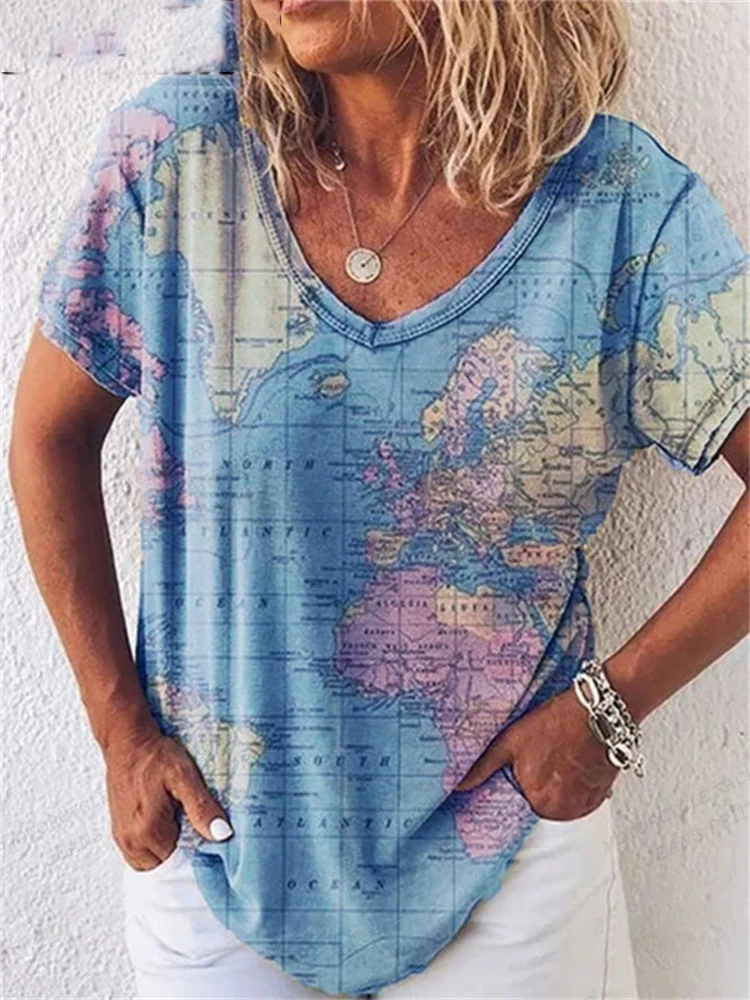 Women's T Shirt Map 3d Print T-shirt Women Fashion V-Neck T-shirts Short Sleeve Tops Tees Loose Tshirt Luxury Tshirt Casual