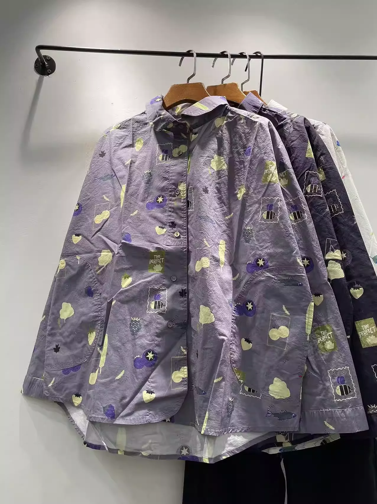 Bust 124cm cartoon strawberry print shirts and blouses for women spring Japan fashion white navy blue oversized shirts
