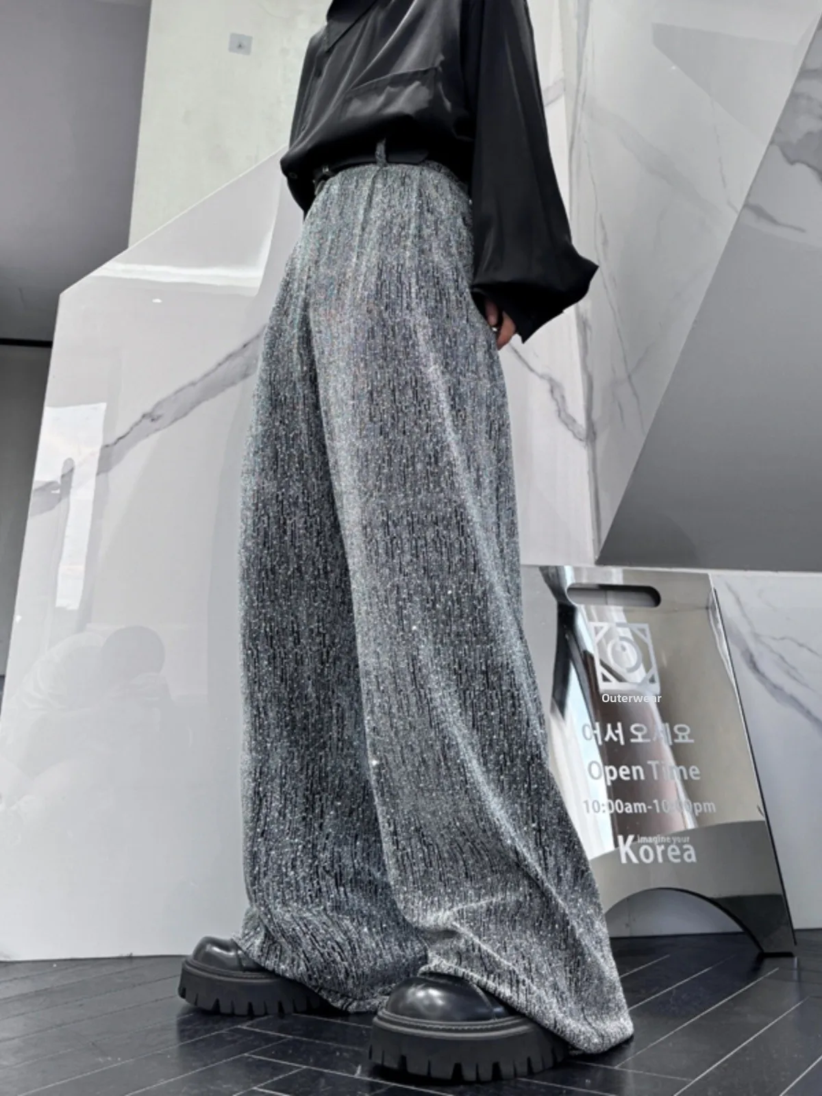 

Повседневные мужские широкие брюки с драпировкой, прямые брюки длиной до пола, сверкающие ромбовидные, жаркие, модные, городские, сле