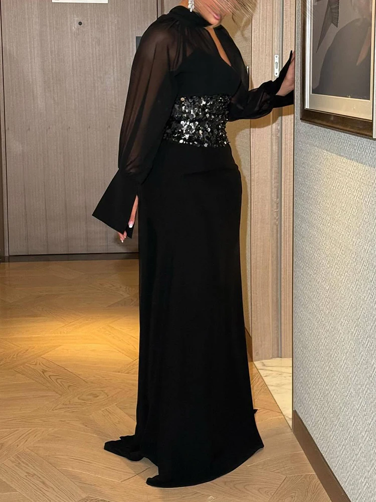 Outono inverno nova cor sólida chiffon vestido elegante oco para fora manga longa vestido de noite temperamento oco para fora vestidos de lantejoulas