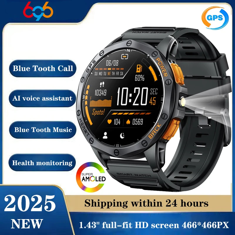 

Outdoors Smartwatch Men Sports 1.43" AMOLED Screen Blue Tooth Call Smart Watch GPS Heart Rate Blood Oxygen Waterproof Flashlight
