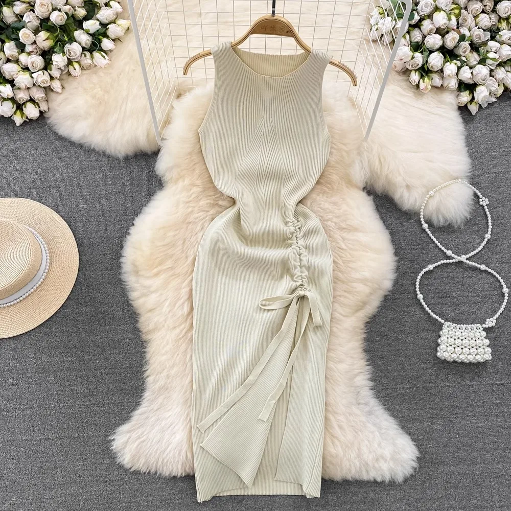Yuoomuoo Frauen Kleid 2024 Sommer Mode sexy Bandage Split gestrickt Bodycon Kleid lässig ärmellose weibliche Streetwear Outfits