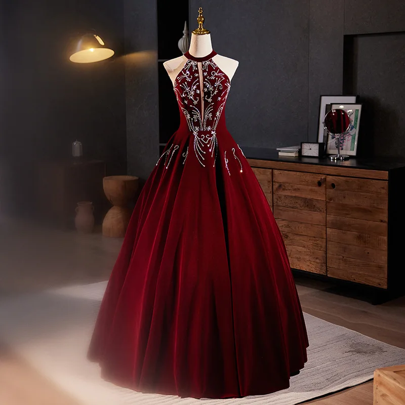 

Red Velvet Toast Dress Engagement Banquet Light Luxury Minority Halter Vocal Music Art Pettiskirt