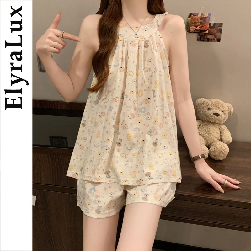 

ElyraLux, летняя свежая стильная пижама для женщин, хлопковая голова с облаком, стильный топ и шорты, комплекты, корейская милая одежда для сна с милым принтом