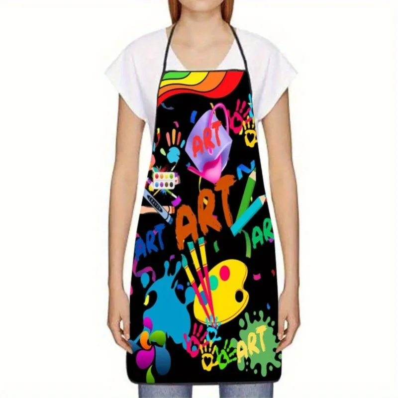 1pc Graffiti Apron, with Paintbrushes And Palette Print - Black Background, Suitable for Painting, Crafting, Cooking, Baking
