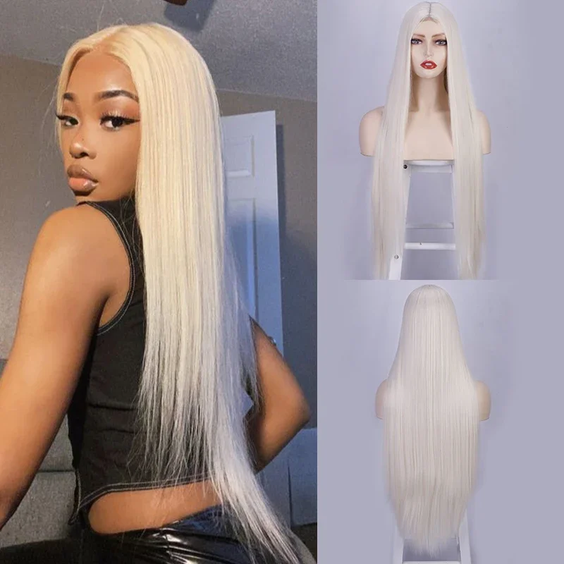 Synthetic White Straight Wigs for Women 32 Inch Middle Part Wig Daily Use Blonde Super Long Heat Resistant Wig Lolita Cosplay