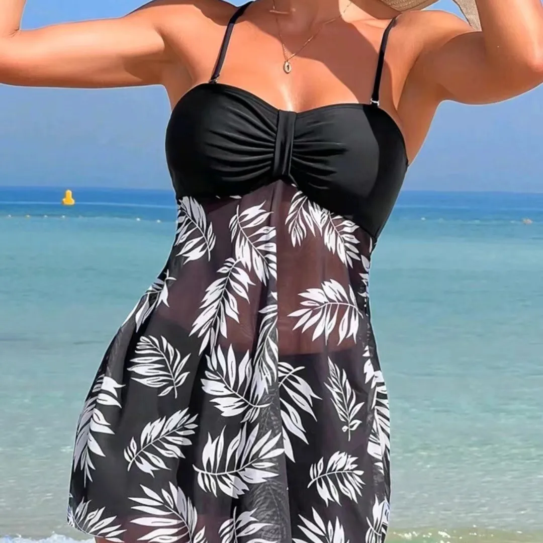 Women Swimwear Tropical Leaf Tankini Black Strapless Tankini Top High Waist Skirt Teal Green Ruched Bust Tankini Set Leopard