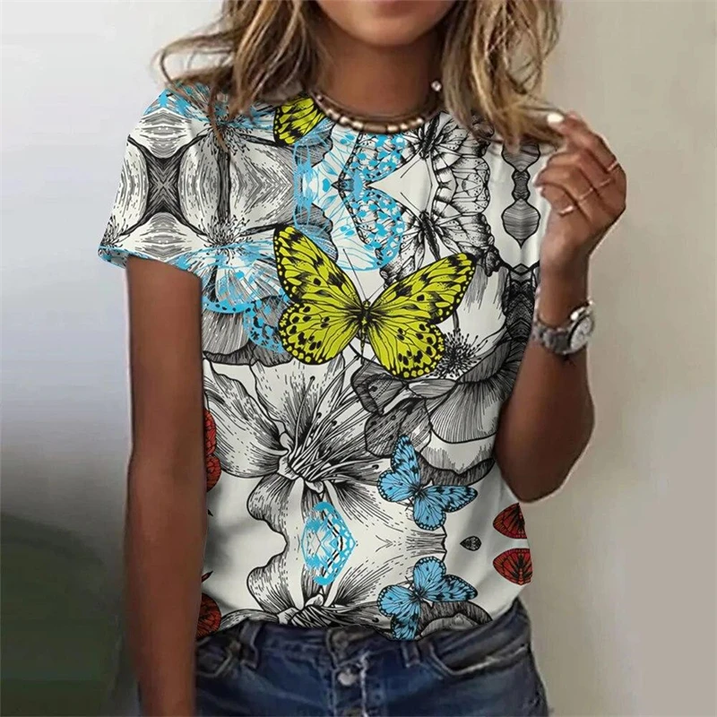 Estate Casual Vintage T-shirt da donna Donna 3D Stampa Farfalla O-Collo T Shirt Moda femminile Allentato Manica corta Top Tees