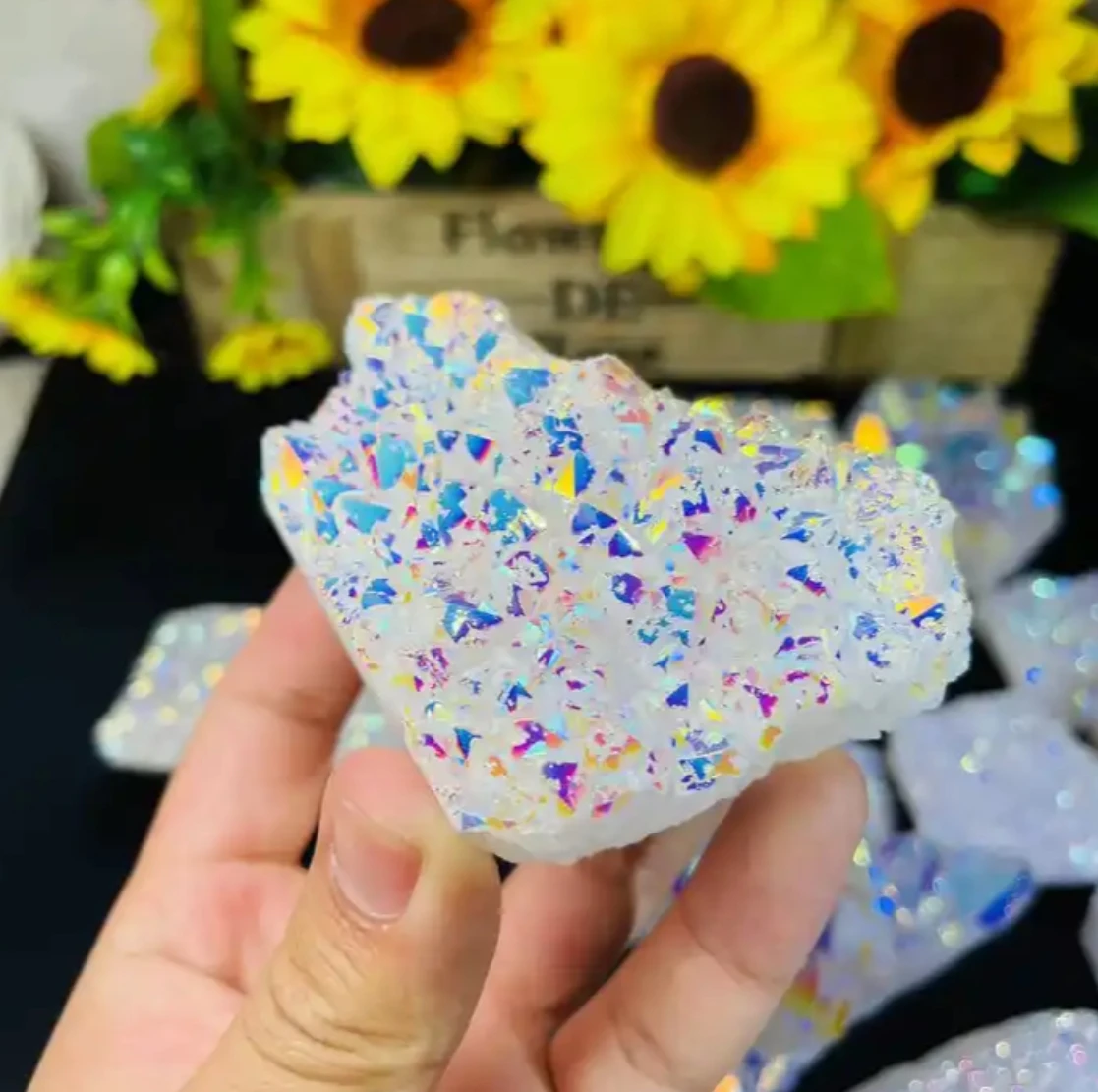 1Pc Angel Aura Rainbow White Cluster Quartz Mineral Specimen Natural Crystal Reiki Stone Healing Home Decor Fengshui Meditation