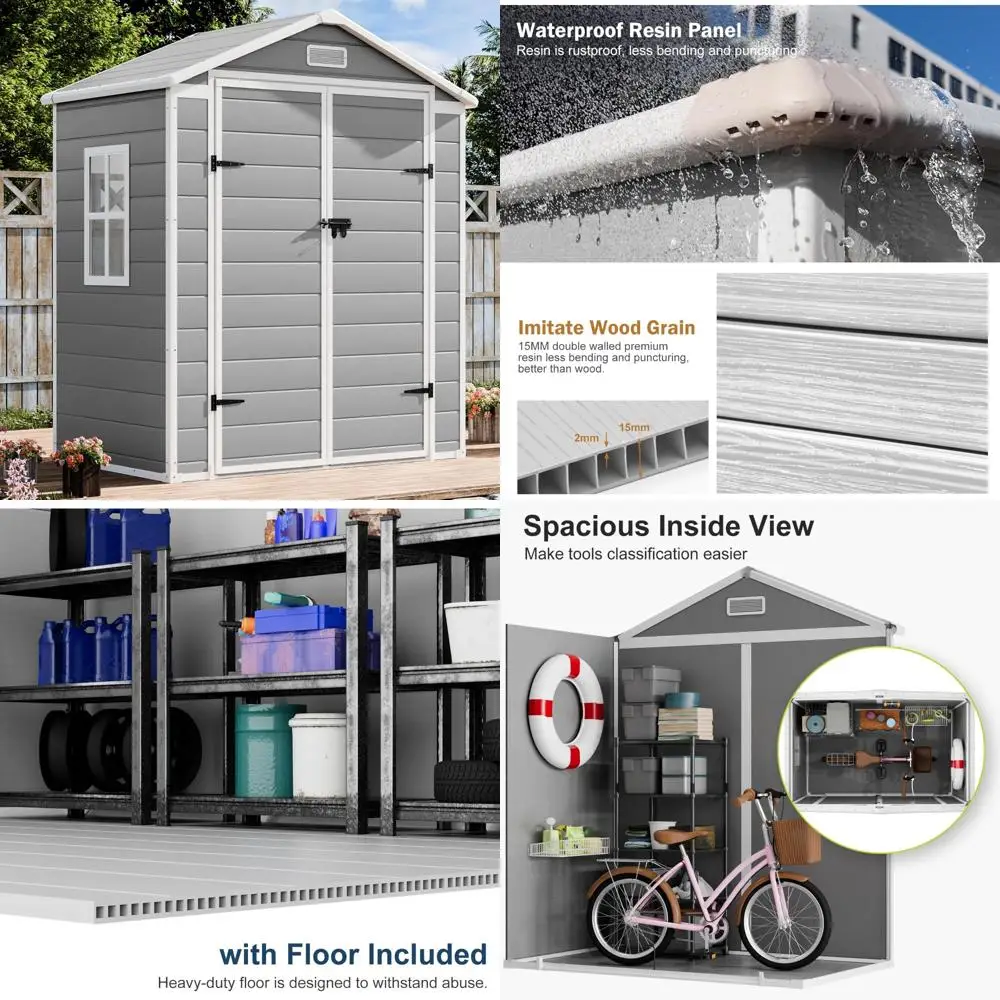 

6x3 Foot Waterproof Plastic Outdoor Storage Shed with Floor, Window, Lockable Door, and Garden Tool Storage