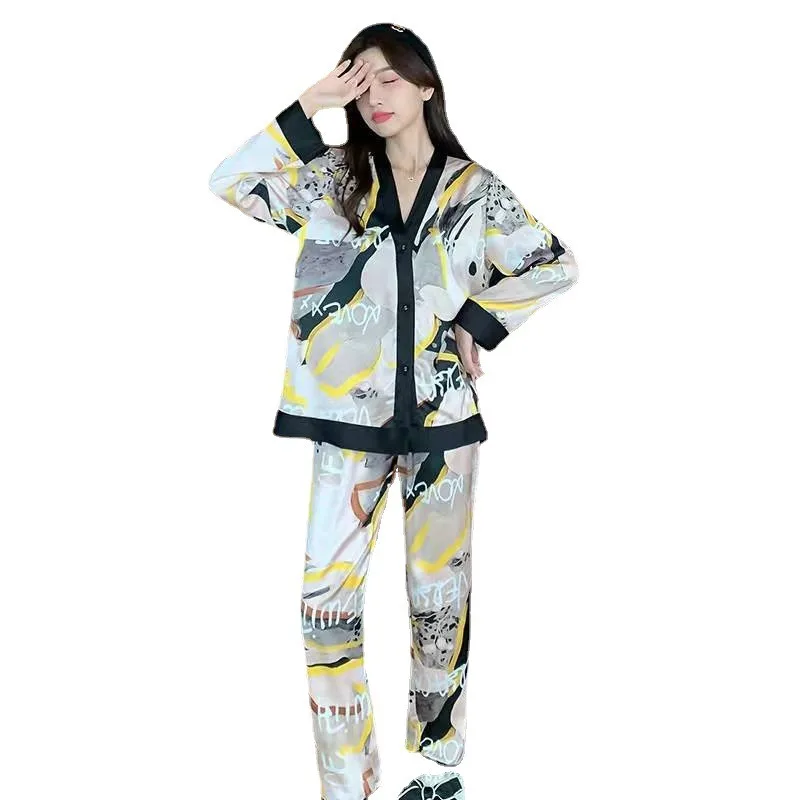 Pajama Women\'s Silk Set Home Clothing Spring and Autumn Style Set V-neck Pyjama Pour Femme Lingerie Nuisette Femme