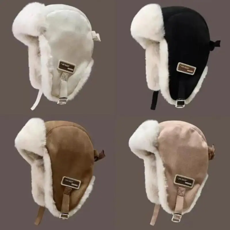 Winter Outdoor Men Russian Pilot Hat Women's Fashion Bomber Hat with Labeling Letter Cotton Faux Fur Soft Warm Trapper Ushanka