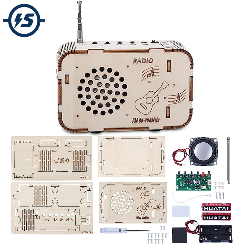 DIY Wooden FM Radio Kit 88-108MHZ Radio Amplifier Music Player with Battery Assembly Project Suite for School Student STEM Learn