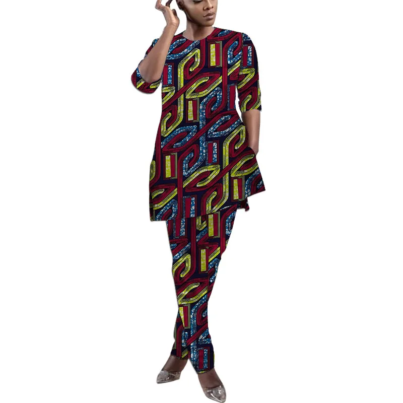 African Couture Print Women's Ankara Outfit Set Vintage Style Half Sleeve Blouse With Pant Groom Suit Customized