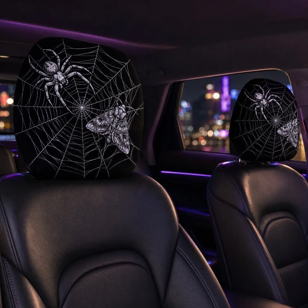 2PCS Spider Web Spider Car Headrest Covers Exaggerated Cool Decorations Car Pillowcase Stain-Proof Oil-Proof Washable