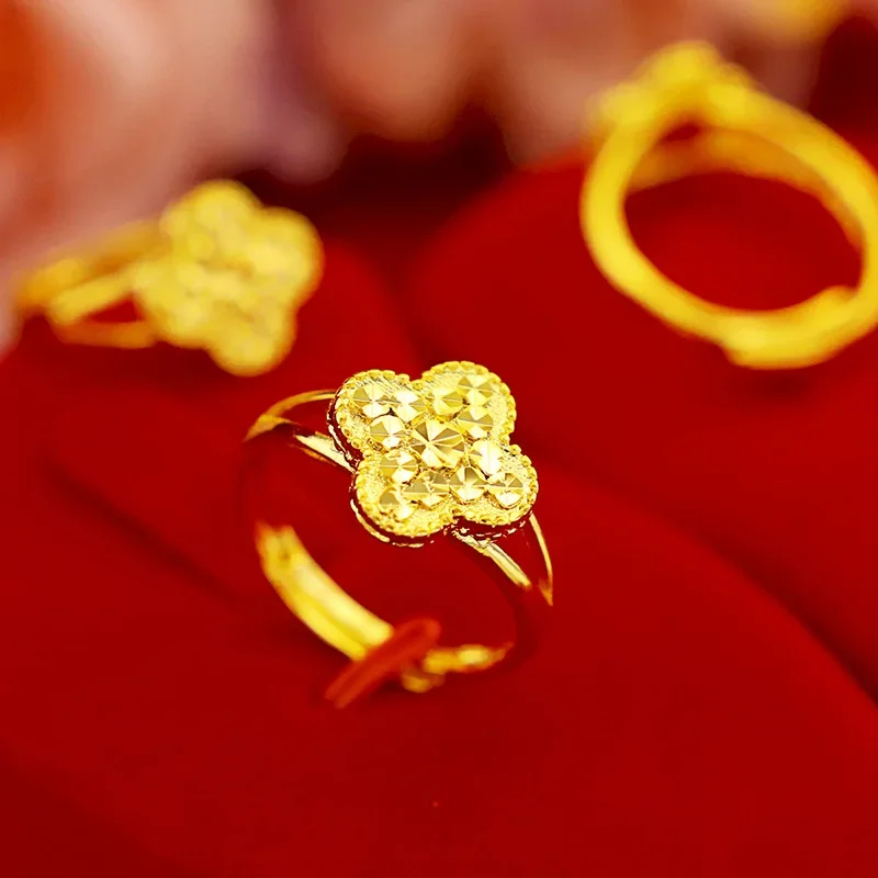 9999 Real Gold 24K Fashion Women's Clover Diamond Ring Gold Women's Open Ring