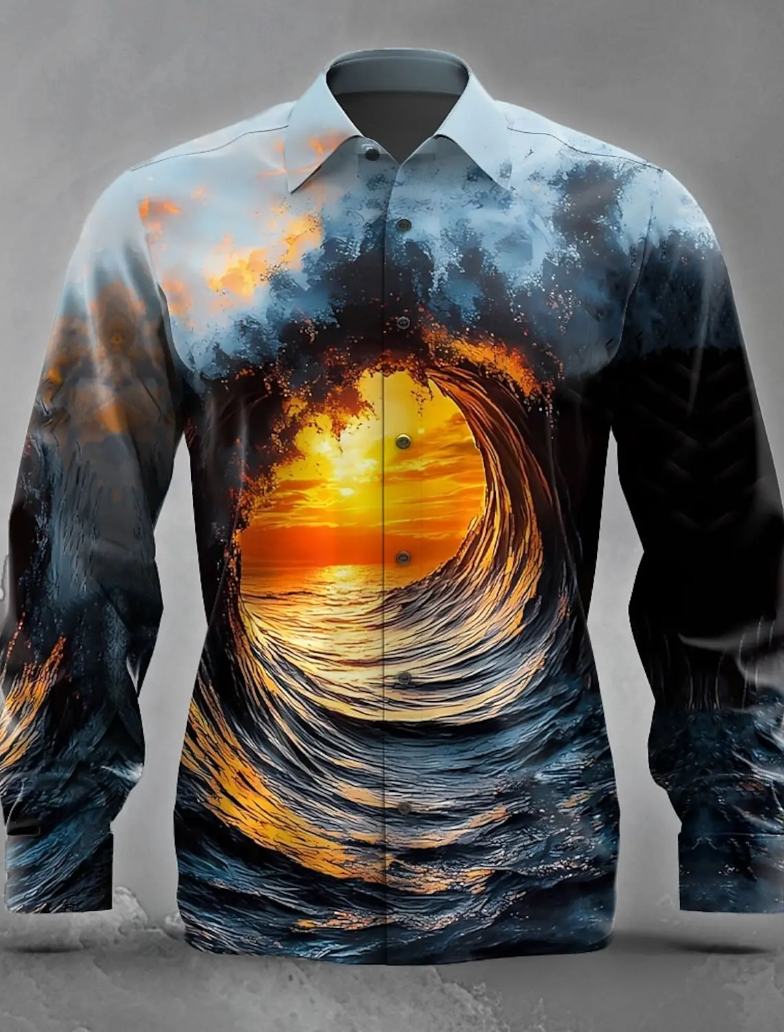 

Men's Optical Illusion Ocean Sunset Shirt Button Up Shirt Long Sleeve Fashion Streetwear Turndown 3D Print Collared Shirts