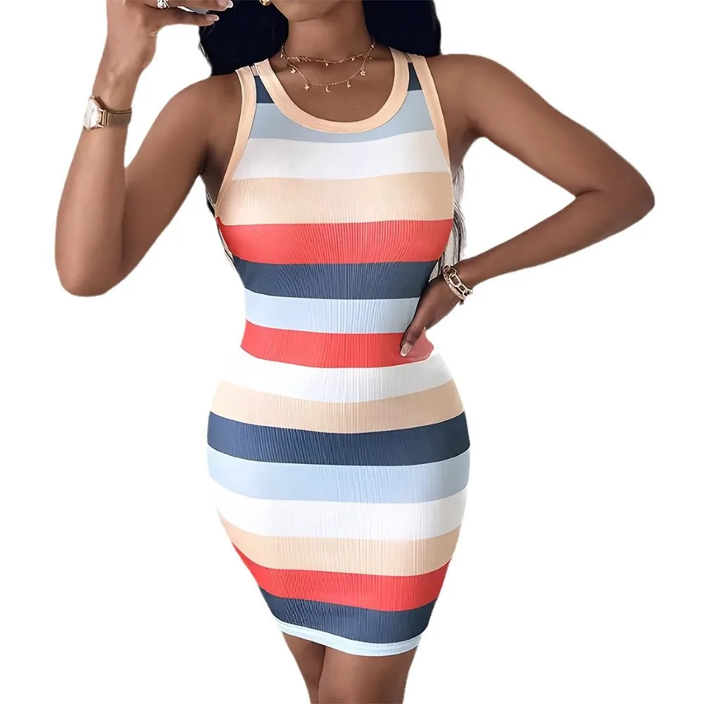 Sexy Tight Summer Sleeveless Dress With Fashionable Colorful Striped Print Knitted Slim Fit Sleeveless Design Dress Temperament
