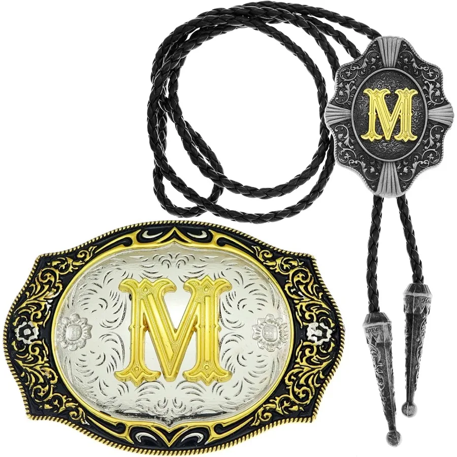 2 Pieces Belt Buckle Bolo Tie Small Set with Golden Initial Letter A to Z for Western Cowboy Costume Accessory Perfect for Men