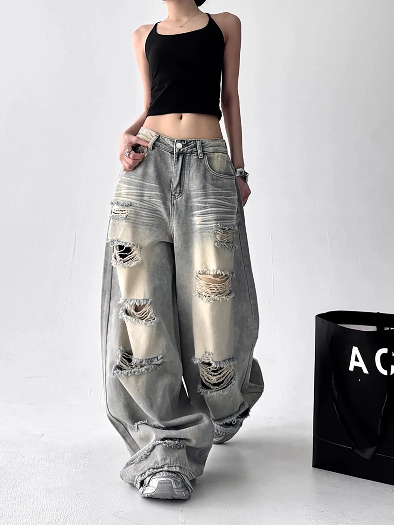 American Vintage Trend Ripped Frayed  Baggy Jeans Women Y2K Street-Style Distressed Design Fashionable Versatile Wide-Leg Pants
