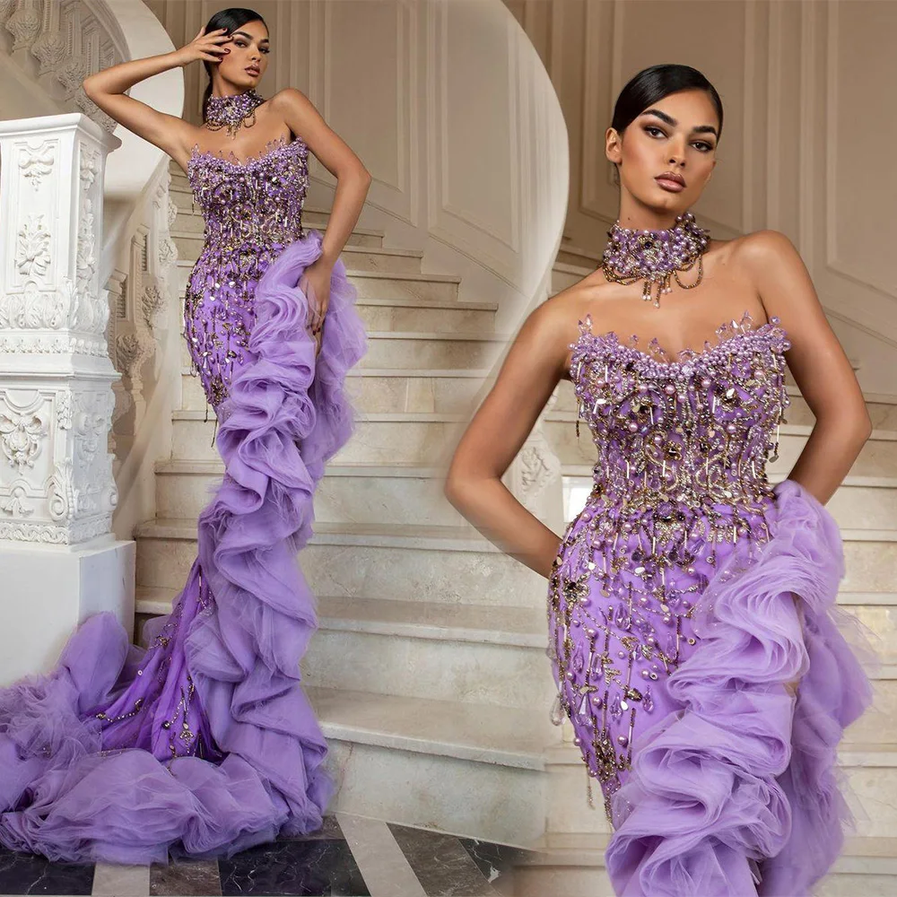 

New Evening Dresses Trumpet Strapless Sleeveless Floor-Length Sweep Train Beaded Crystal Sequins Tulle Satin Thigh-High Slits