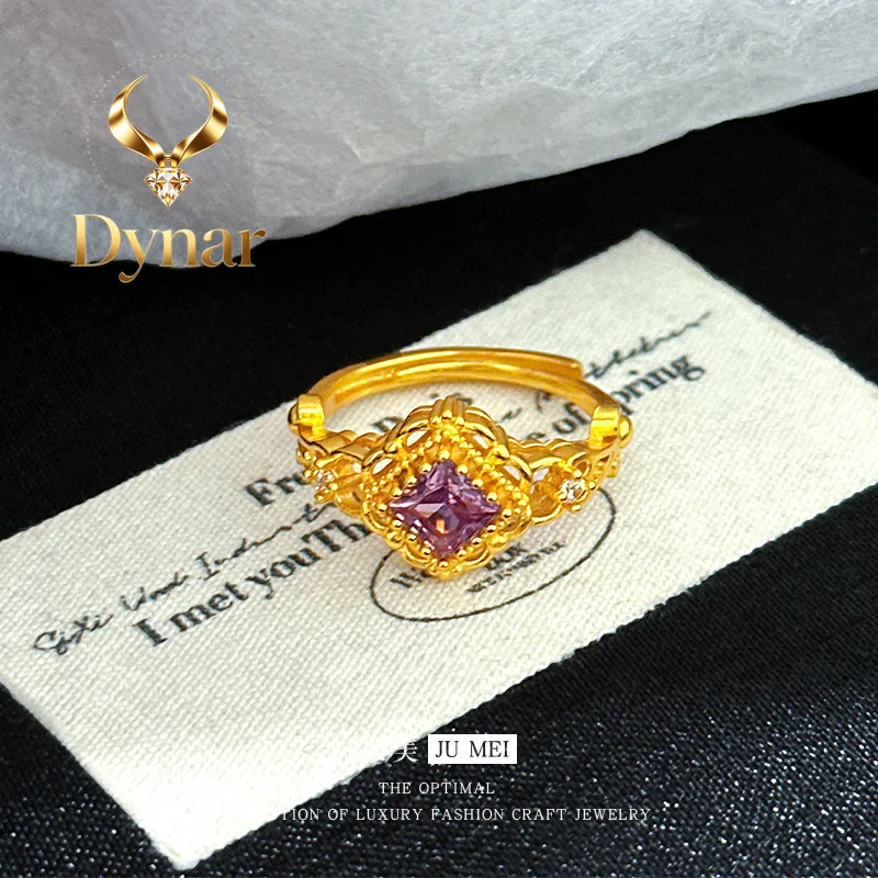 Dynar Jewelry    24K real gold light luxury medieval style design lace purple star dot diamond ring  9999 white purple gem movab
